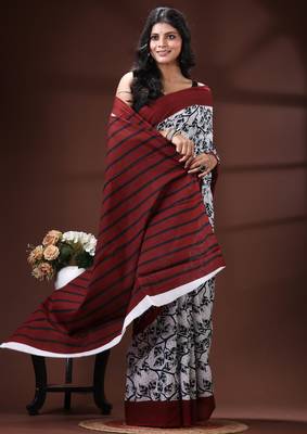 Maroon & monochrome malmal cotton saree with hand-block leaf prints and striped pallu 2