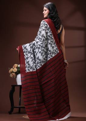 Maroon & monochrome malmal cotton saree with hand-block leaf prints and striped pallu 3
