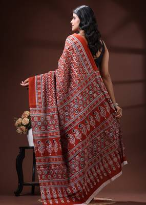 Rust red  malmal cotton saree with all-over traditional hand-block prints and panelled pallu 3