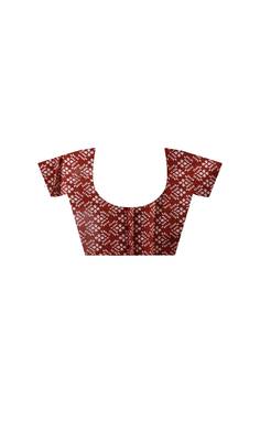 Rust red  malmal cotton saree with all-over traditional hand-block prints and panelled pallu 4