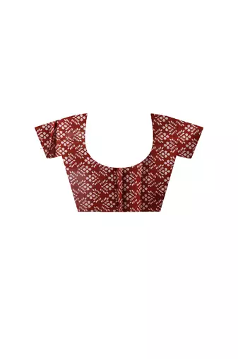 Rust red  malmal cotton saree with all-over traditional hand-block prints and panelled pallu