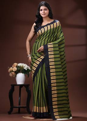 Olive green & beige striped malmal cotton saree with bold midnight black borders 1