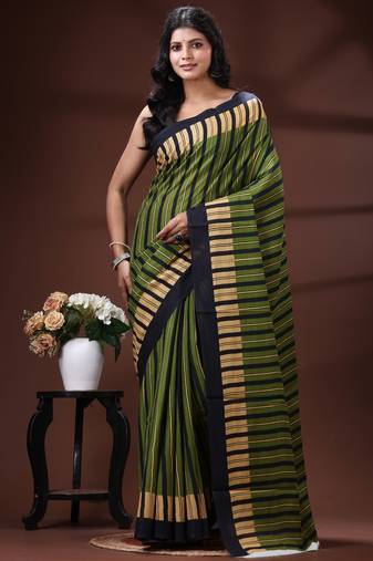 Olive green & beige striped malmal cotton saree with bold midnight black borders