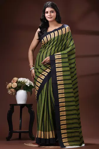 Olive green & beige striped malmal cotton saree with bold midnight black borders