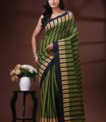 Olive green & beige striped malmal cotton saree with bold midnight black borders