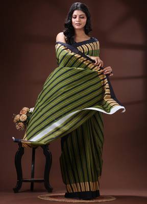 Olive green & beige striped malmal cotton saree with bold midnight black borders 2
