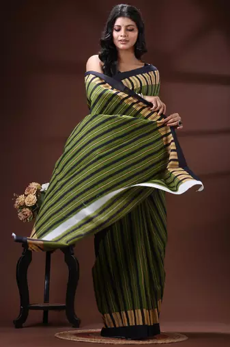 Olive green & beige striped malmal cotton saree with bold midnight black borders