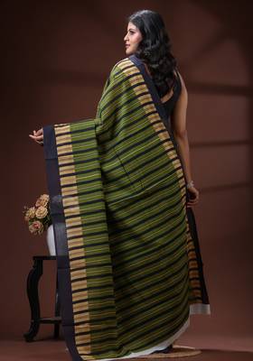 Olive green & beige striped malmal cotton saree with bold midnight black borders 3