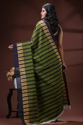 Olive green & beige striped malmal cotton saree with bold midnight black borders