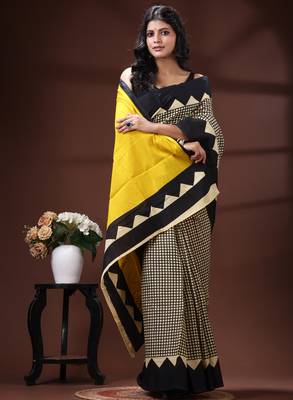 Bold geometric malmal cotton saree in black & cream with vibrant yellow block borders 2