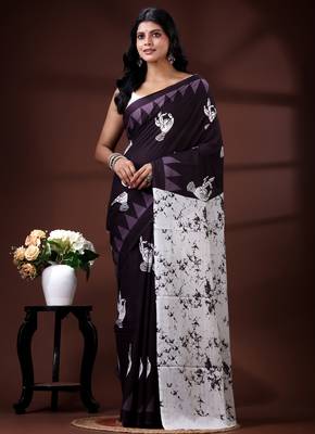Deep wine malmal cotton saree with white bird & temple block prints and abstract panelled pallu 1