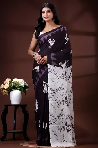 Deep wine malmal cotton saree with white bird & temple block prints and abstract panelled pallu