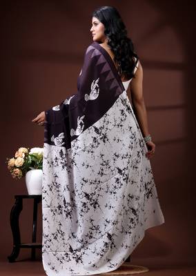 Deep wine malmal cotton saree with white bird & temple block prints and abstract panelled pallu 3