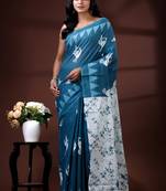 Ocean teal malmal cotton saree with white bird motifs and geometric temple border prints
