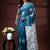 Ocean teal malmal cotton saree with white bird motifs and geometric temple border prints