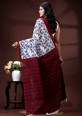 Indigo blue & white malmal cotton saree with hand-block leaf prints and contrast maroon pallu 3