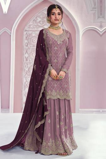 Peach embroidered chinon palazzo suit