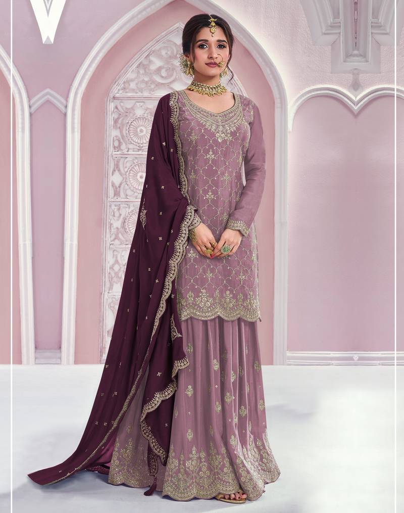 Peach color embroideried chinon semi stitched palazzo suit