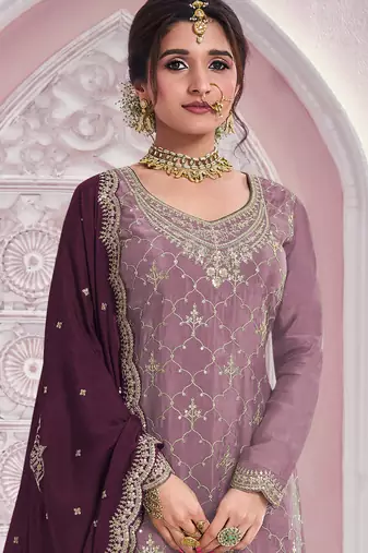 Peach embroidered chinon palazzo suit