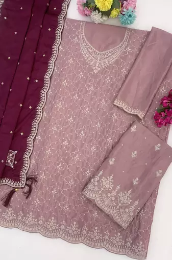 Peach embroidered chinon palazzo suit