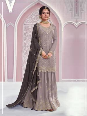 Grey embroidered chinon palazzo suit 1