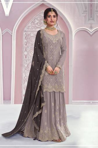 Grey embroidered chinon palazzo suit