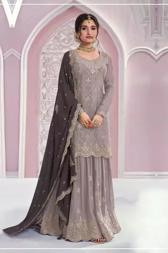 Grey color embroideried chinon semi stitched palazzo suit