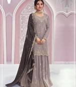 Grey color embroideried chinon semi stitched palazzo suit