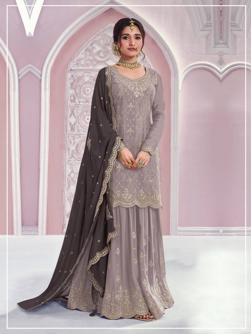 Grey color embroideried chinon semi stitched palazzo suit