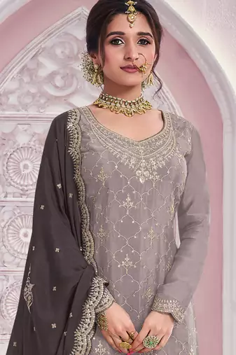 Grey embroidered chinon palazzo suit
