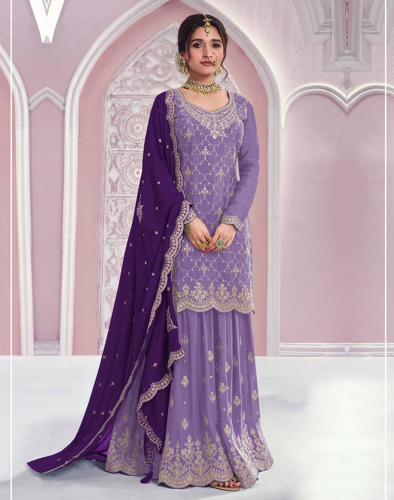 Lavender color embroideried chinon semi stitched palazzo suit