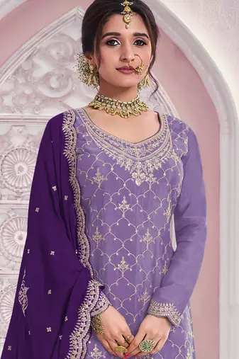Lavender embroidered chinon palazzo suit