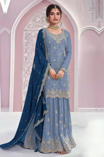 Sky blue color embroideried chinon semi stitched palazzo suit