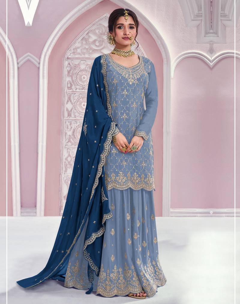 Sky blue color embroideried chinon semi stitched palazzo suit
