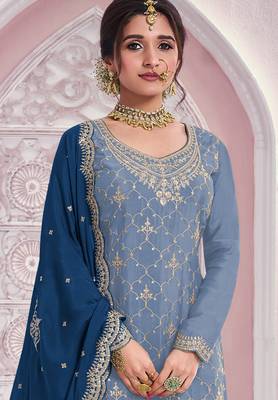 Sky blue embroidered chinon palazzo suit 2