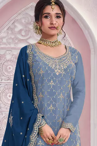 Sky blue embroidered chinon palazzo suit