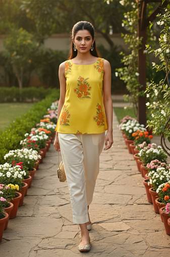 Womens yellow viscose rayon floral printed boat neck regular top