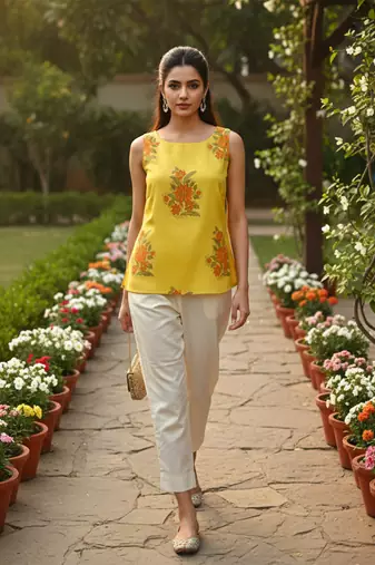 Womens yellow viscose rayon floral printed boat neck regular top