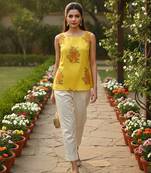 Womens yellow viscose rayon floral printed boat neck regular top