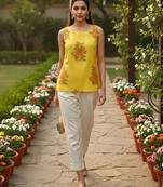 Womens yellow viscose rayon floral printed boat neck regular top