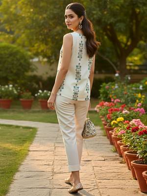 Womens off white cotton floral printed boat neck regular top 4