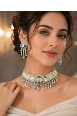 Grand Pearl American Diamond Choker Set 1
