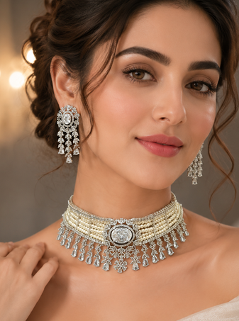 Grand Pearl American Diamond Choker Set