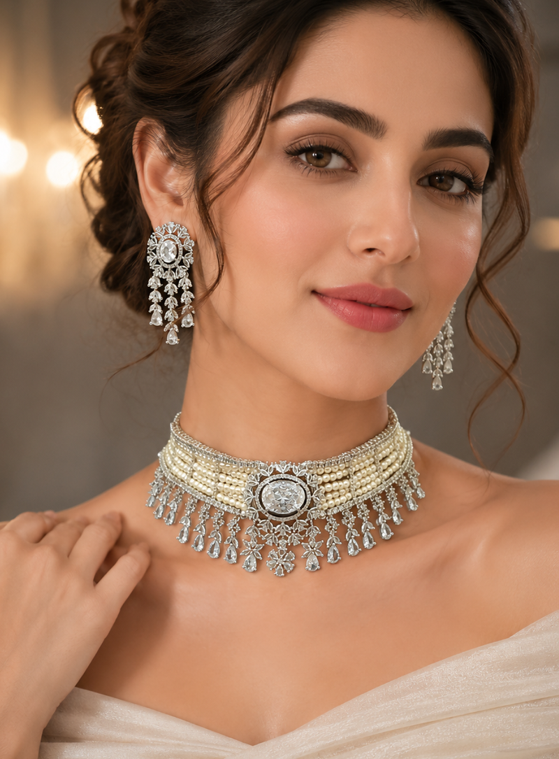 Grand Pearl American Diamond Choker Set