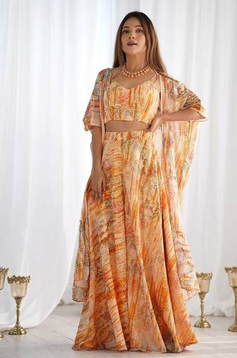 Floral print fox georgette shrug palazzo set