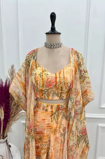 Floral print fox georgette shrug palazzo set