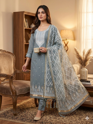 Grey muga cotton jamdani suit dress material with dupatta 1
