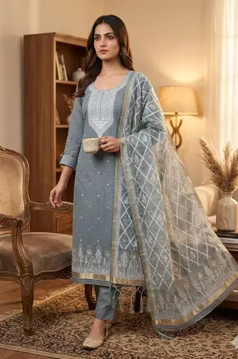 Grey muga cotton jamdani suit dress material with dupatta