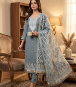 Grey muga cotton jamdani suit dress material with dupatta