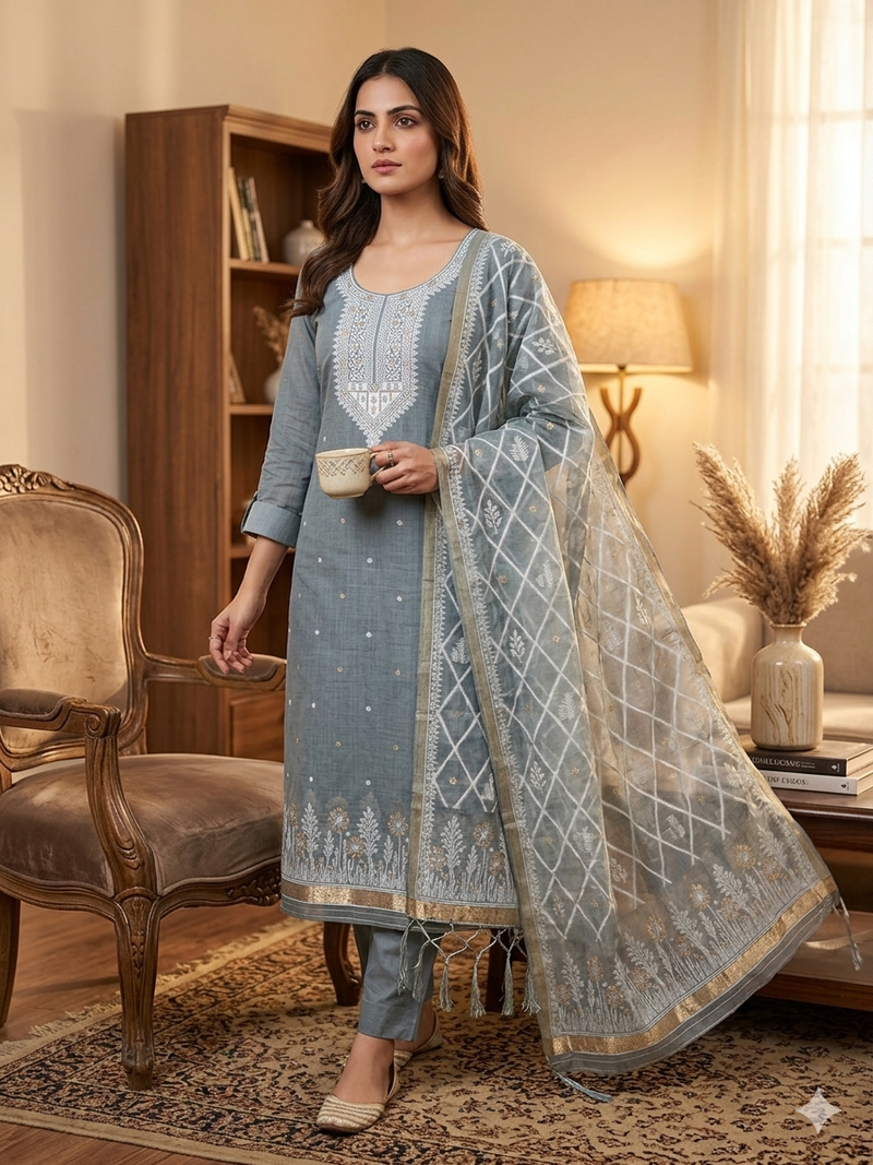Grey muga cotton jamdani suit dress material with dupatta